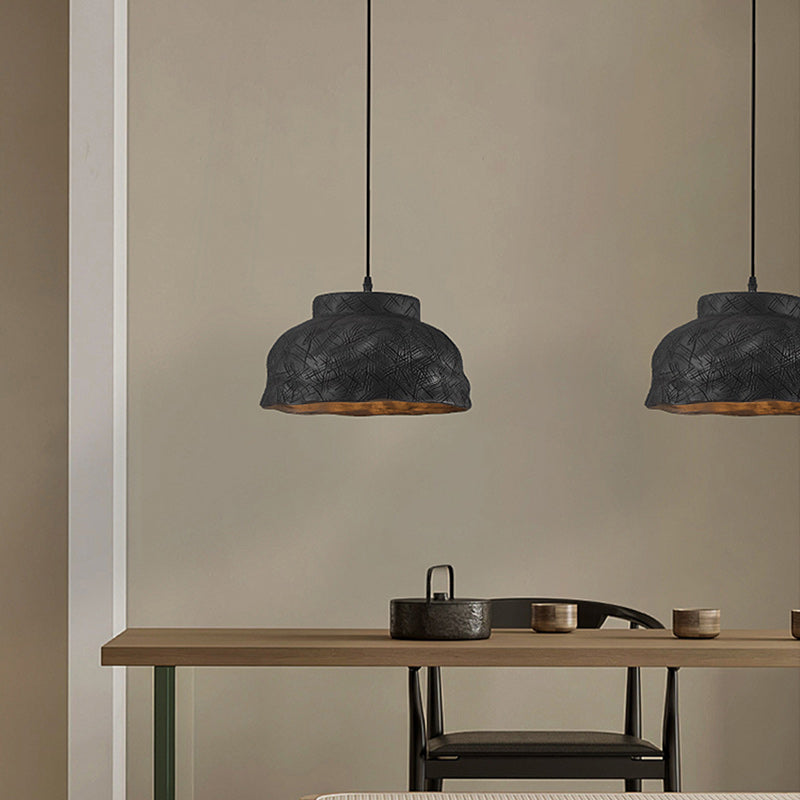 Suspension Luminaire Traditionnel Japonais en Résine Sculptée à Rayures avec Disque et Bassin, 1 Lumière pour Chambre 