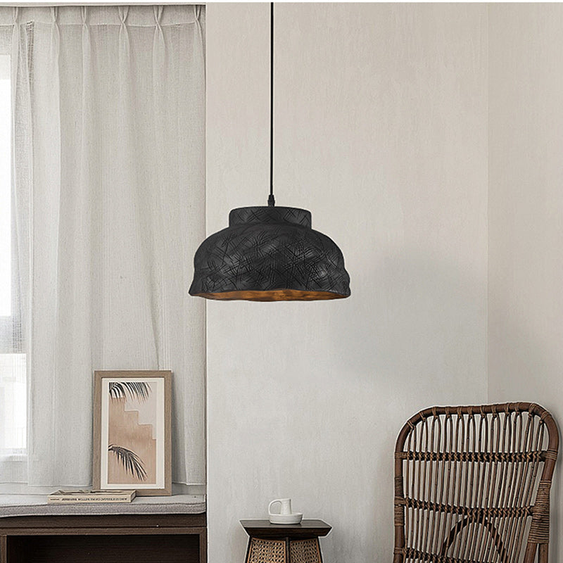 Suspension Luminaire Traditionnel Japonais en Résine Sculptée à Rayures avec Disque et Bassin, 1 Lumière pour Chambre 