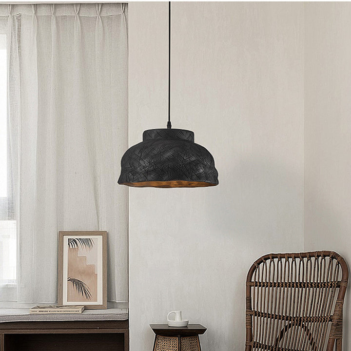 Suspension Luminaire Traditionnel Japonais en Résine Sculptée à Rayures avec Disque et Bassin, 1 Lumière pour Chambre 