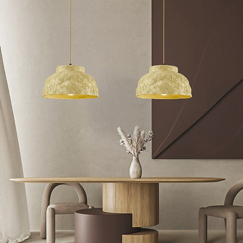 Suspension Luminaire Traditionnel Japonais en Résine Sculptée à Rayures avec Disque et Bassin, 1 Lumière pour Chambre 