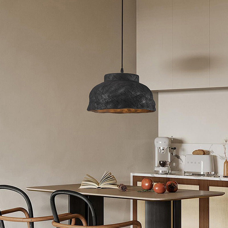 Suspension Luminaire Traditionnel Japonais en Résine Sculptée à Rayures avec Disque et Bassin, 1 Lumière pour Chambre 