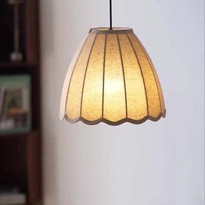Traditionelle japanische runde Pendelleuchte mit Wellenboden und vertikalem Streifen aus Eisengewebe, 1 Licht, für Schlafzimmer 