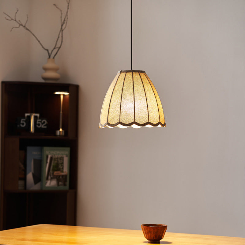 Traditionelle japanische runde Pendelleuchte mit Wellenboden und vertikalem Streifen aus Eisengewebe, 1 Licht, für Schlafzimmer 
