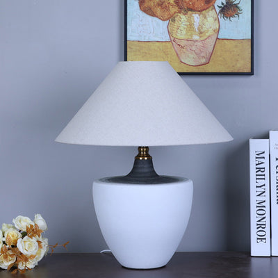 Traditional Chinese Oval Cylinder Round Table Jar-like Ceramic Fabric 1-Light Table Lamp For Bedroom