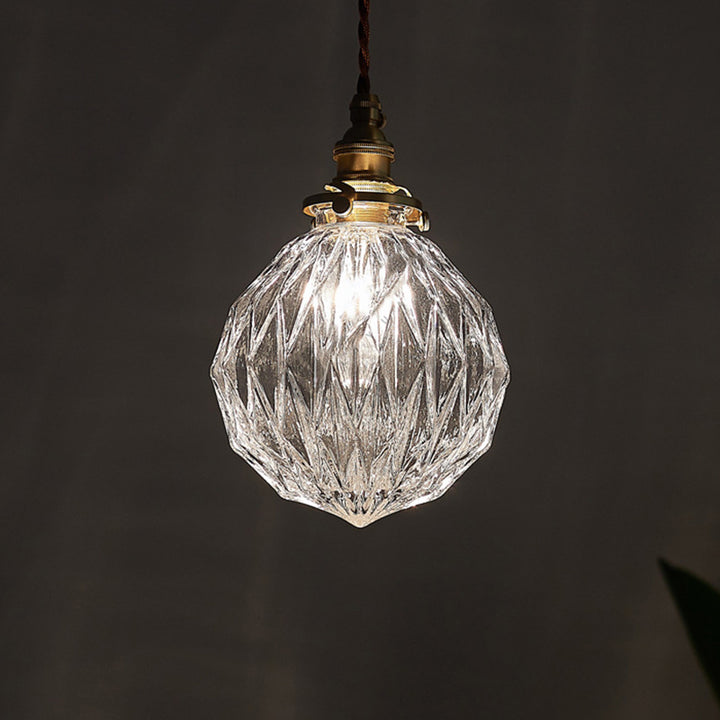Traditional Vintage Diamond Sphere Cylinder Brass Glass 1-Light Pendant Light For Bedroom