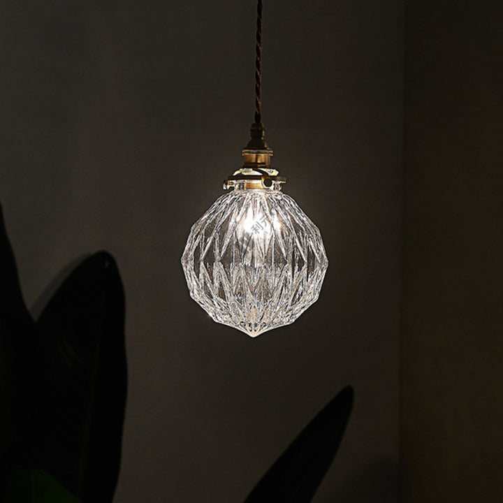 Traditional Vintage Diamond Sphere Cylinder Brass Glass 1-Light Pendant Light For Bedroom