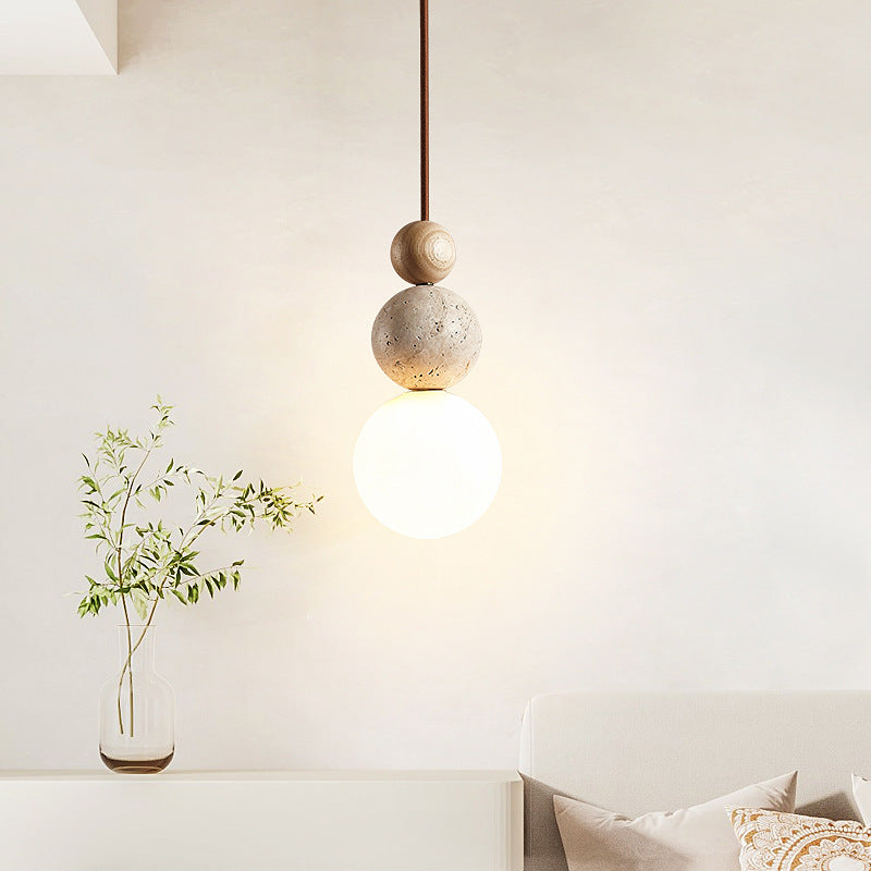 Suspension Luminaire Traditionnel Vintage Sphérique à Plusieurs Niveaux en Bois Massif avec Verre en Travertin Jaune à 1 Lumière pour Chambre 