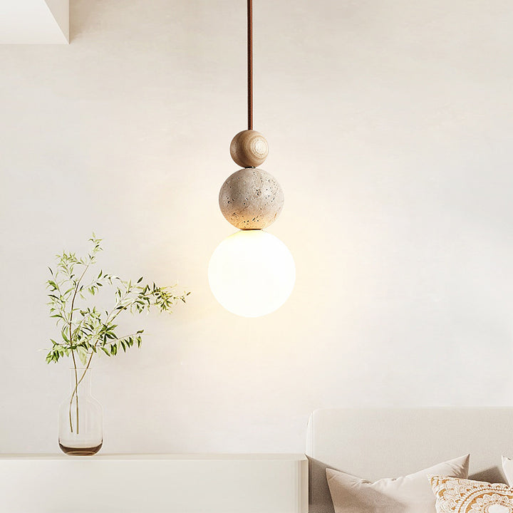 Suspension Luminaire Traditionnel Vintage Sphérique à Plusieurs Niveaux en Bois Massif avec Verre en Travertin Jaune à 1 Lumière pour Chambre 
