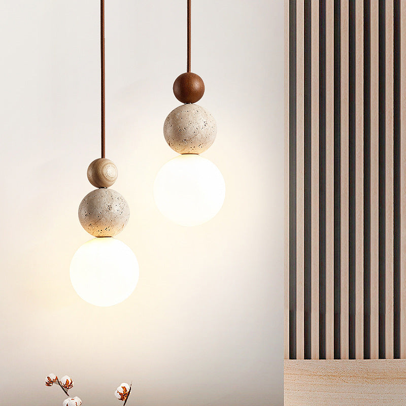 Suspension Luminaire Traditionnel Vintage Sphérique à Plusieurs Niveaux en Bois Massif avec Verre en Travertin Jaune à 1 Lumière pour Chambre 