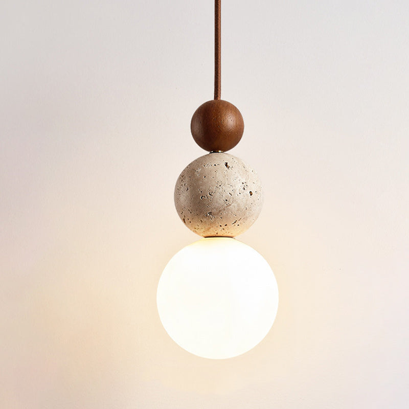 Suspension Luminaire Traditionnel Vintage Sphérique à Plusieurs Niveaux en Bois Massif avec Verre en Travertin Jaune à 1 Lumière pour Chambre 
