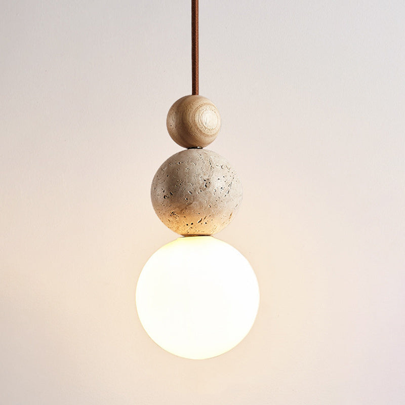 Suspension Luminaire Traditionnel Vintage Sphérique à Plusieurs Niveaux en Bois Massif avec Verre en Travertin Jaune à 1 Lumière pour Chambre 
