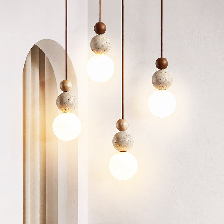 Suspension Luminaire Traditionnel Vintage Sphérique à Plusieurs Niveaux en Bois Massif avec Verre en Travertin Jaune à 1 Lumière pour Chambre 
