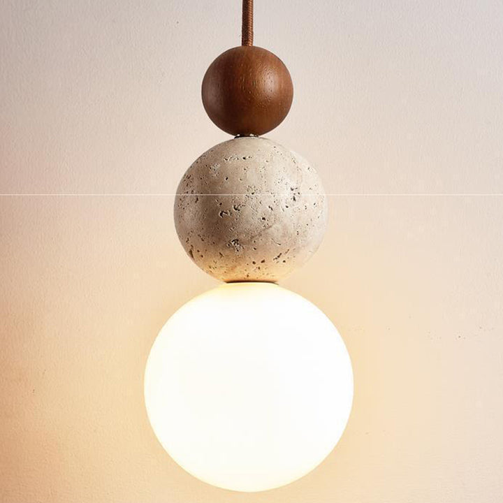 Suspension Luminaire Traditionnel Vintage Sphérique à Plusieurs Niveaux en Bois Massif avec Verre en Travertin Jaune à 1 Lumière pour Chambre 