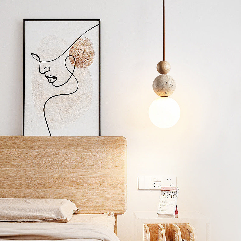 Suspension Luminaire Traditionnel Vintage Sphérique à Plusieurs Niveaux en Bois Massif avec Verre en Travertin Jaune à 1 Lumière pour Chambre 