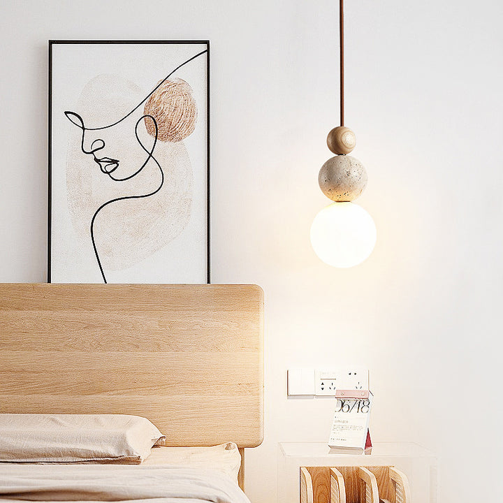 Suspension Luminaire Traditionnel Vintage Sphérique à Plusieurs Niveaux en Bois Massif avec Verre en Travertin Jaune à 1 Lumière pour Chambre 