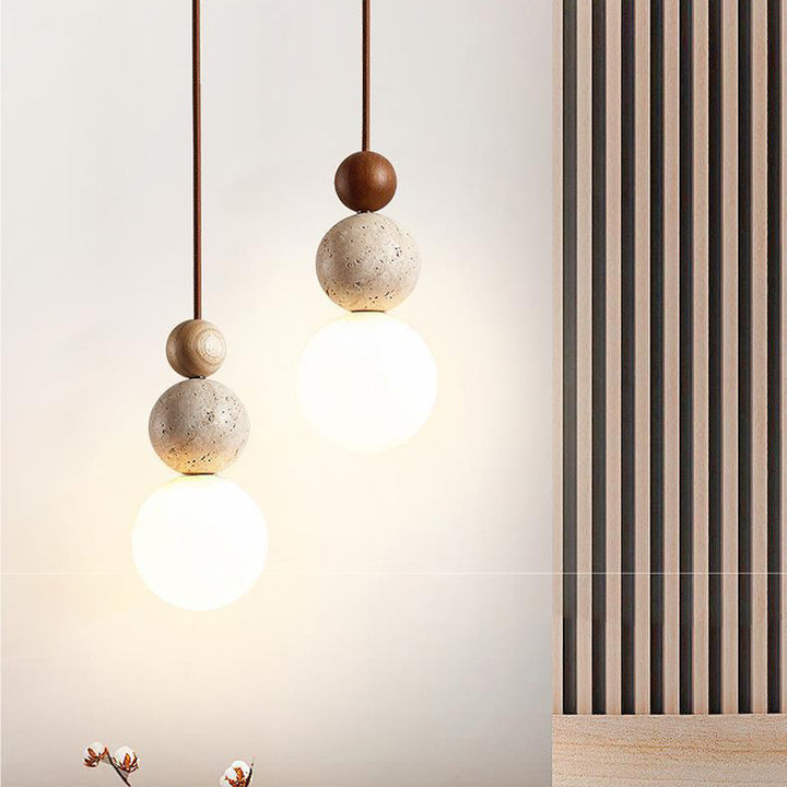 Suspension Luminaire Traditionnel Vintage Sphérique à Plusieurs Niveaux en Bois Massif avec Verre en Travertin Jaune à 1 Lumière pour Chambre 