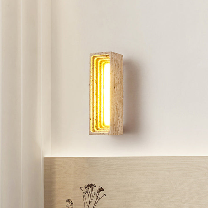 Traditional Japanese Rectangular Hollow Multi-Layer Yellow Travertine LED Wall Sconce Lamp For Bedroom