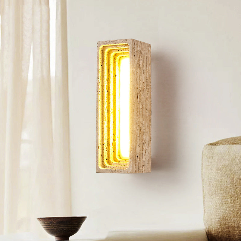 Applique murale LED en travertin jaune rectangulaire creux à plusieurs couches de style japonais traditionnel pour chambre 