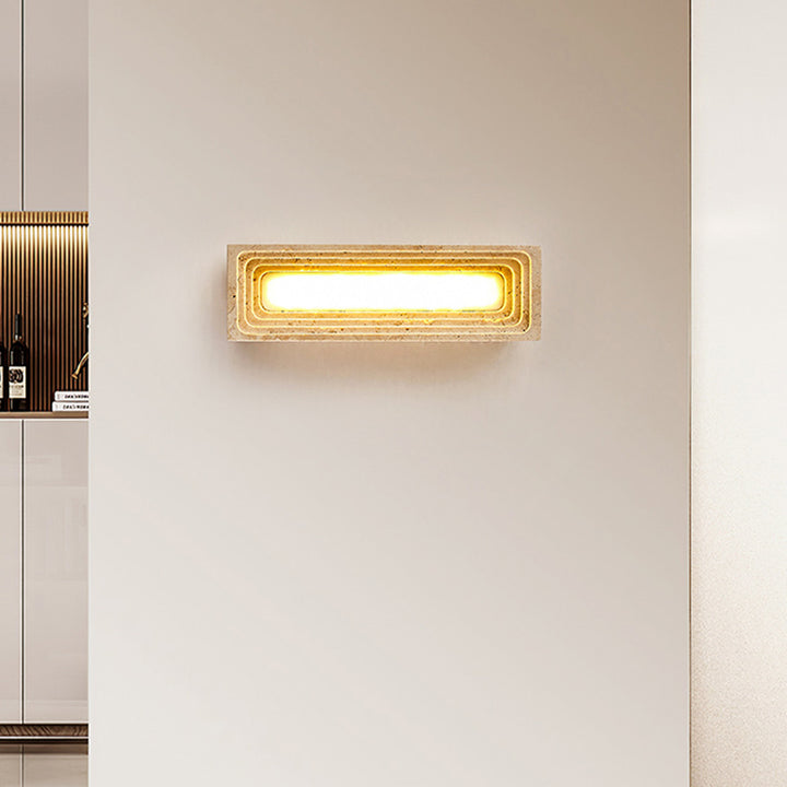 Traditional Japanese Rectangular Hollow Multi-Layer Yellow Travertine LED Wall Sconce Lamp For Bedroom
