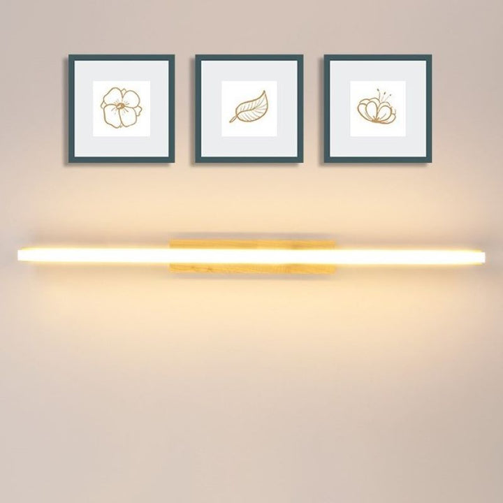 Lampe murale contemporaine scandinave rectangulaire longue en bois de caoutchouc acrylique LED pour miroir de salle de bain 