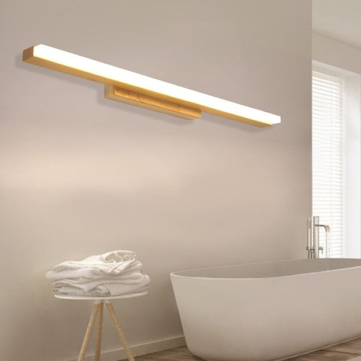 Lampe murale contemporaine scandinave rectangulaire longue en bois de caoutchouc acrylique LED pour miroir de salle de bain 