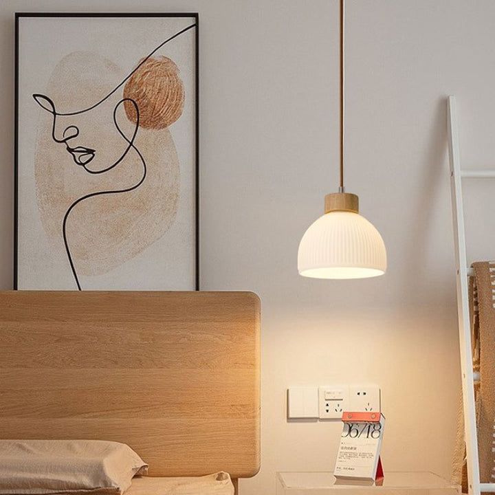 Modern Minimalist Half Round Cylinder Disc Base Striped Rubberwood Glass 1-Light Pendant Light For Bedroom