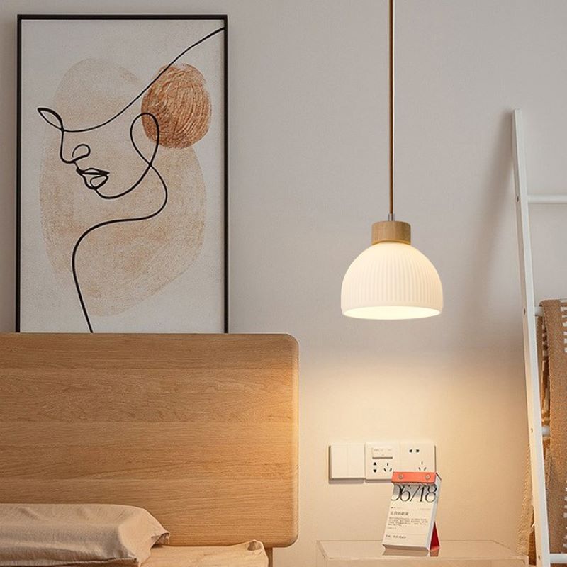 Luz colgante de 1 luz de vidrio de goma rayada de base de disco cilíndrico semirredondo minimalista moderna para dormitorio 