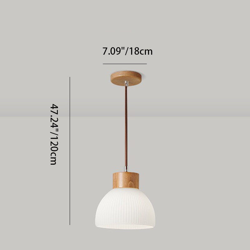 Modern Minimalist Half Round Cylinder Disc Base Striped Rubberwood Glass 1-Light Pendant Light For Bedroom