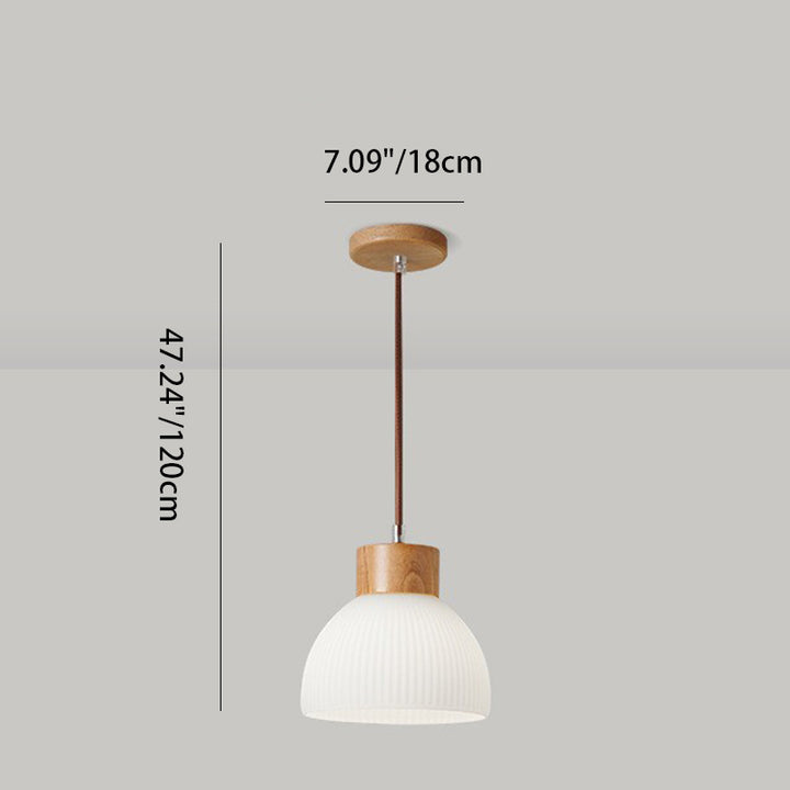 Modern Minimalist Half Round Cylinder Disc Base Striped Rubberwood Glass 1-Light Pendant Light For Bedroom