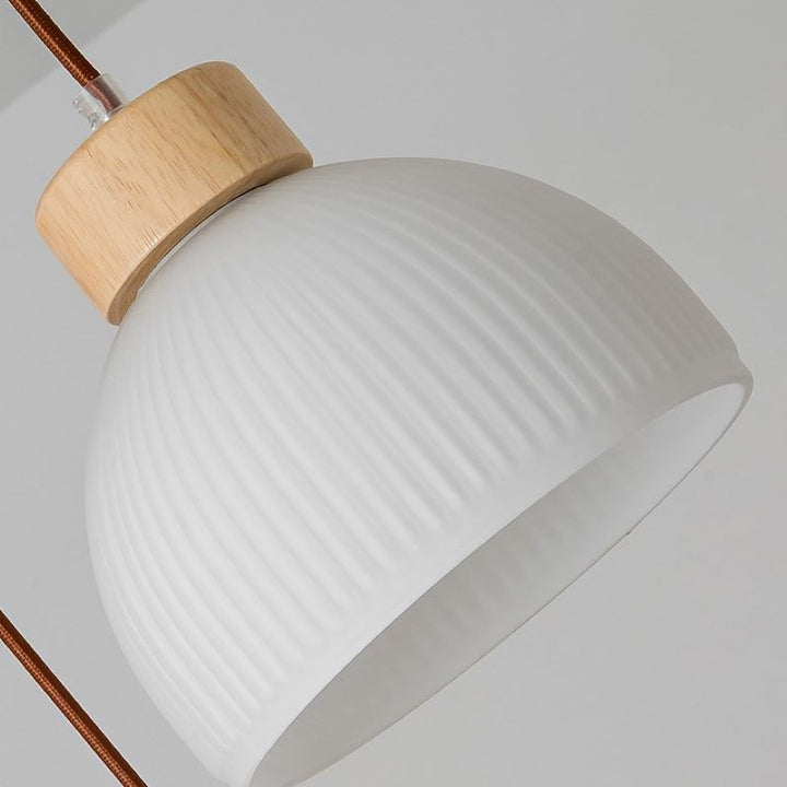 Modern Minimalist Half Round Cylinder Disc Base Striped Rubberwood Glass 1-Light Pendant Light For Bedroom