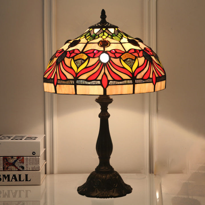 Lampe de table en verre teinté poisson rouge en alliage d'aluminium avec base de table ovale ronde de parapluie Tiffany traditionnelle à 1 lumière pour chambre 