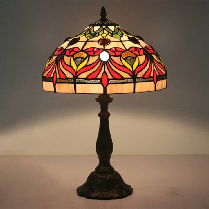 Lampe de table en verre teinté poisson rouge en alliage d'aluminium avec base de table ovale ronde de parapluie Tiffany traditionnelle à 1 lumière pour chambre 