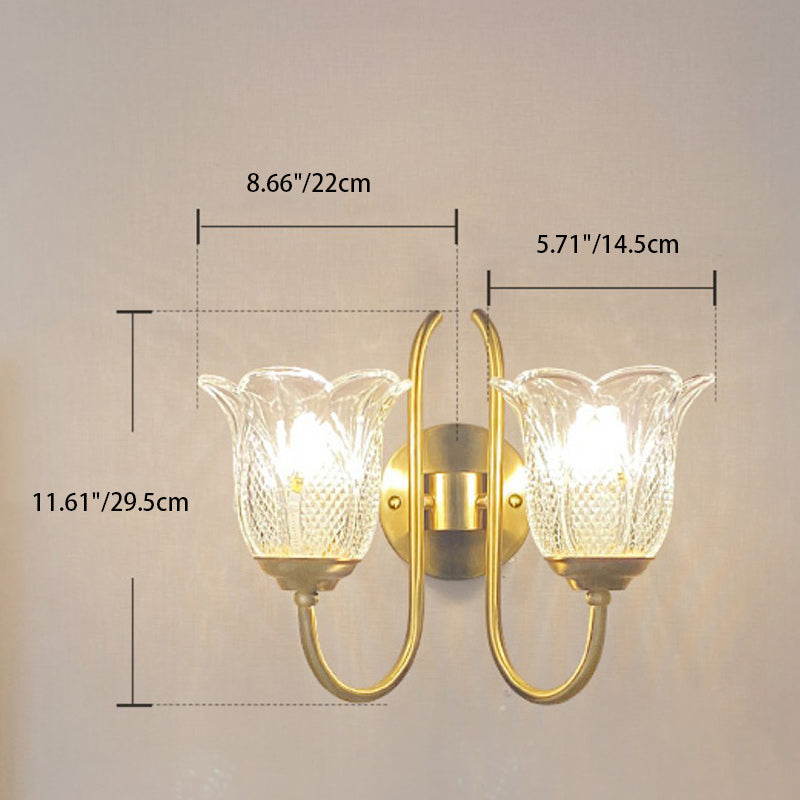 Apliqué de pared de lujo contemporáneo con base de disco floral en relieve de cobre y vidrio 1/2 luz para dormitorio 
