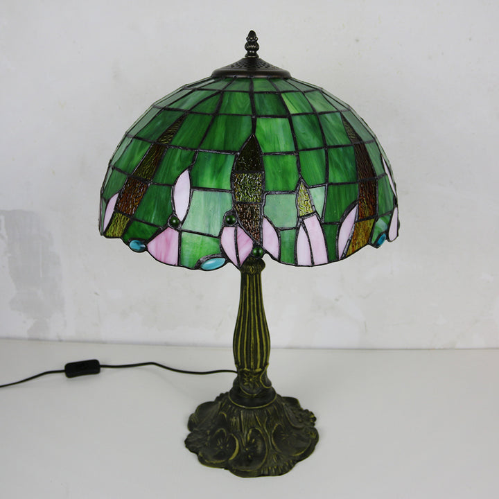 Lampe de table à 1 lumière en verre alliage avec base en feuille de lotus ovale et demi-cercle Tiffany traditionnel pour chambre 