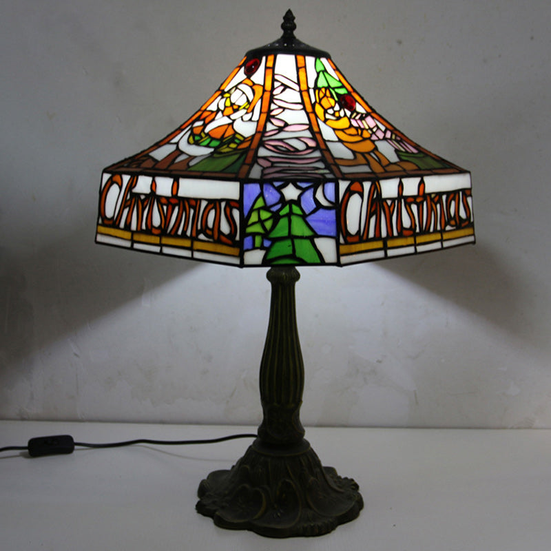 Lampe de table à 1 lumière en verre alliage avec base en feuille de lotus ovale et demi-cercle Tiffany traditionnel pour chambre 