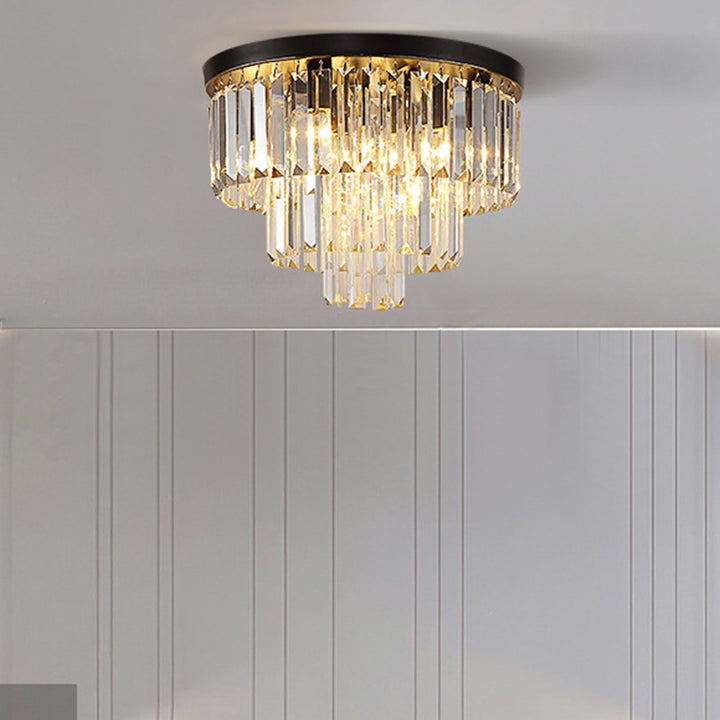 Modern Luxury Round Multi-Level Rectangle Crystal Iron 4-Light Semi-Flush Mount Ceiling Light For Living Room