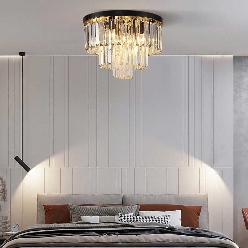 Modern Luxury Round Multi-Level Rectangle Crystal Iron 4-Light Semi-Flush Mount Ceiling Light For Living Room