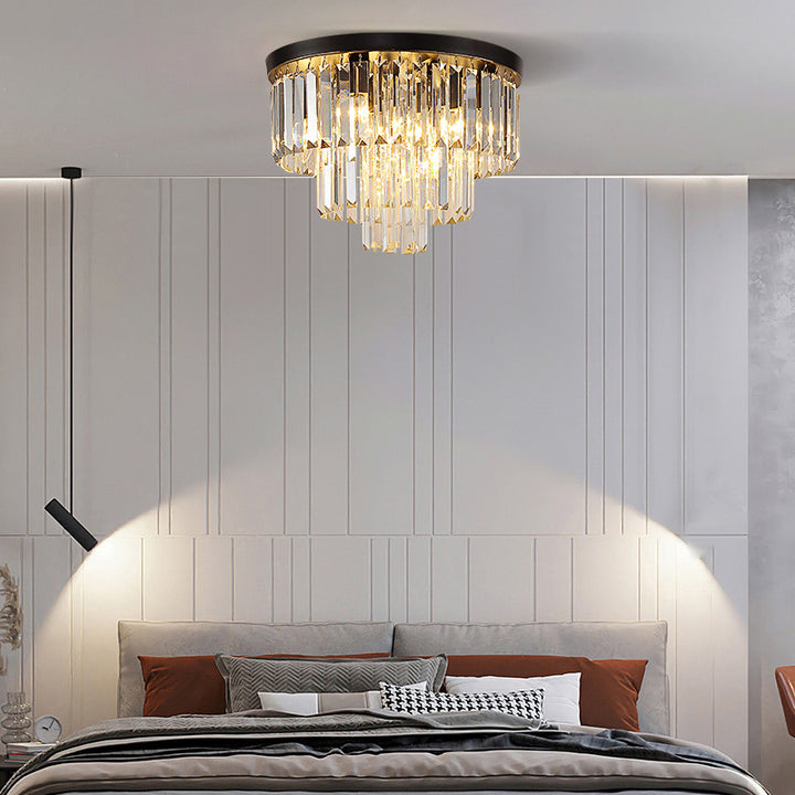 Modern Luxury Round Multi-Level Rectangle Crystal Iron 4-Light Semi-Flush Mount Ceiling Light For Living Room