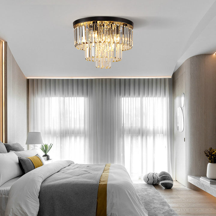 Modern Luxury Round Multi-Level Rectangle Crystal Iron 4-Light Semi-Flush Mount Ceiling Light For Living Room