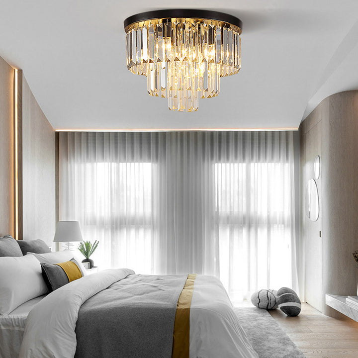 Modern Luxury Round Multi-Level Rectangle Crystal Iron 4-Light Semi-Flush Mount Ceiling Light For Living Room