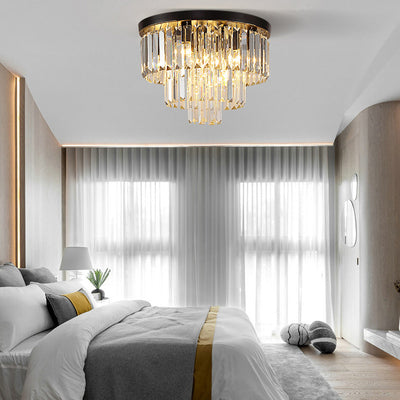 Modern Luxury Round Multi-Level Rectangle Crystal Iron 6-Light Semi-Flush Mount Ceiling Light For Living Room