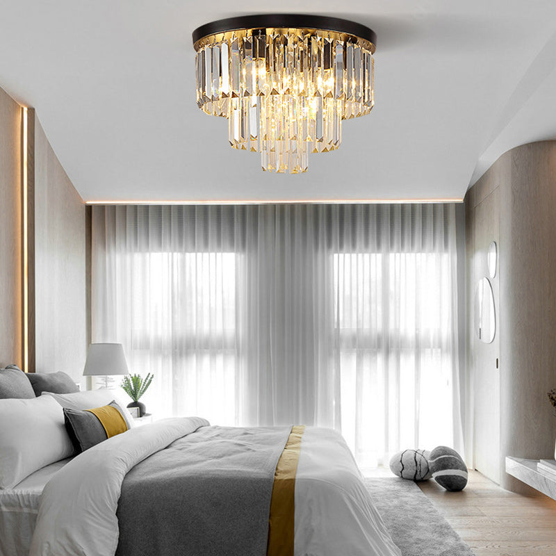 Modern Luxury Round Multi-Level Rectangle Crystal Iron 6-Light Semi-Flush Mount Ceiling Light For Living Room