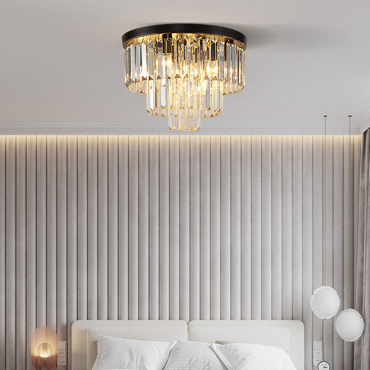 Modern Luxury Round Multi-Level Rectangle Crystal Iron 4-Light Semi-Flush Mount Ceiling Light For Living Room