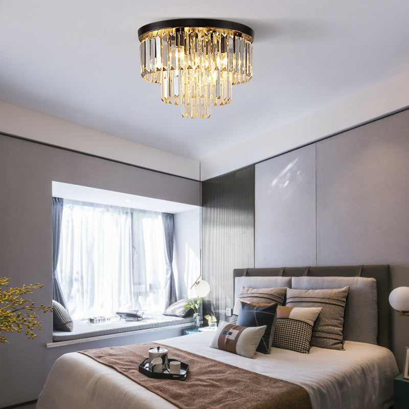 Modern Luxury Round Multi-Level Rectangle Crystal Iron 4-Light Semi-Flush Mount Ceiling Light For Living Room