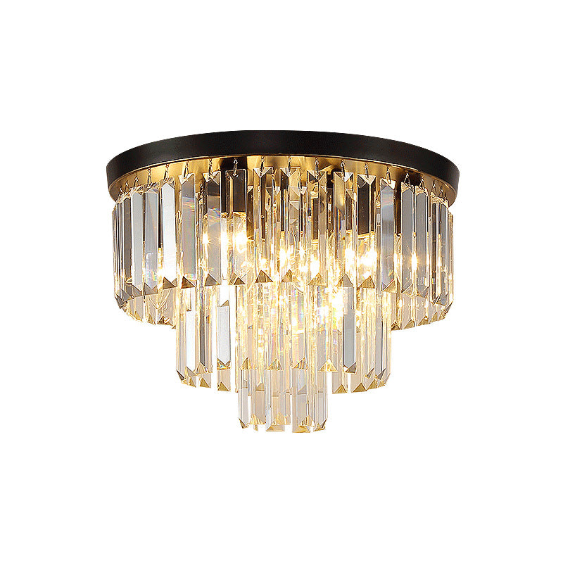 Modern Luxury Round Multi-Level Rectangle Crystal Iron 4-Light Semi-Flush Mount Ceiling Light For Living Room
