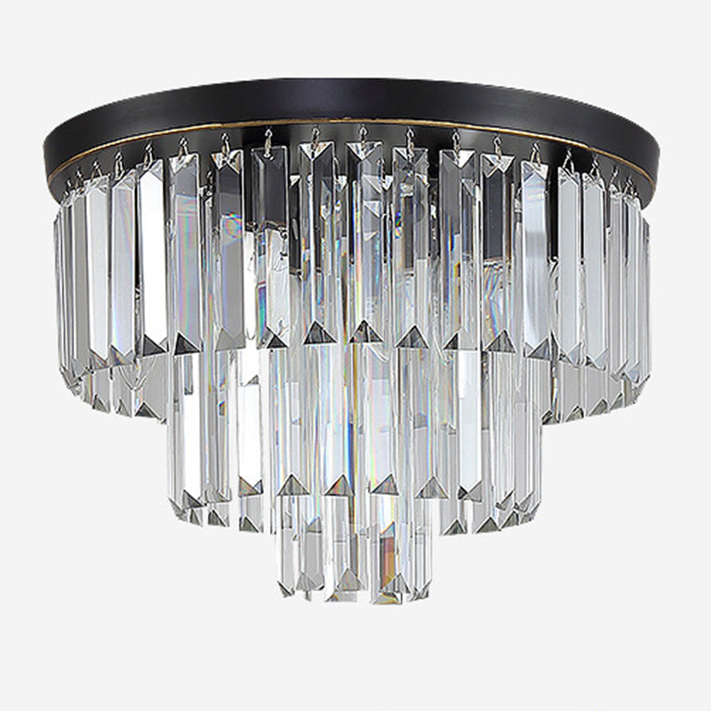 Modern Luxury Round Multi-Level Rectangle Crystal Iron 4-Light Semi-Flush Mount Ceiling Light For Living Room