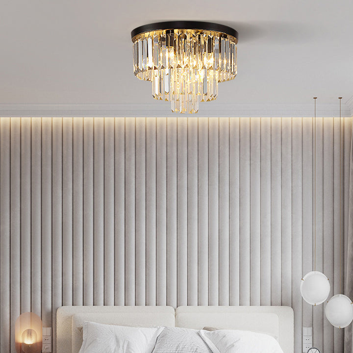 Modern Luxury Round Multi-Level Rectangle Crystal Iron 4-Light Semi-Flush Mount Ceiling Light For Living Room