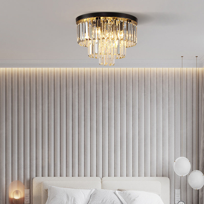 Modern Luxury Round Multi-Level Rectangle Crystal Iron 6-Light Semi-Flush Mount Ceiling Light For Living Room