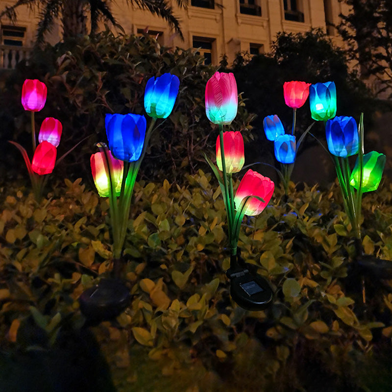 مصباح المناظر الطبيعية LED بزهور التوليب الاصطناعية المضادة للماء بالطاقة الشمسية مصنوع من الفولاذ المقاوم للصدأ وقماش ABS مع قابس أرضي للحدائق الخارجية 