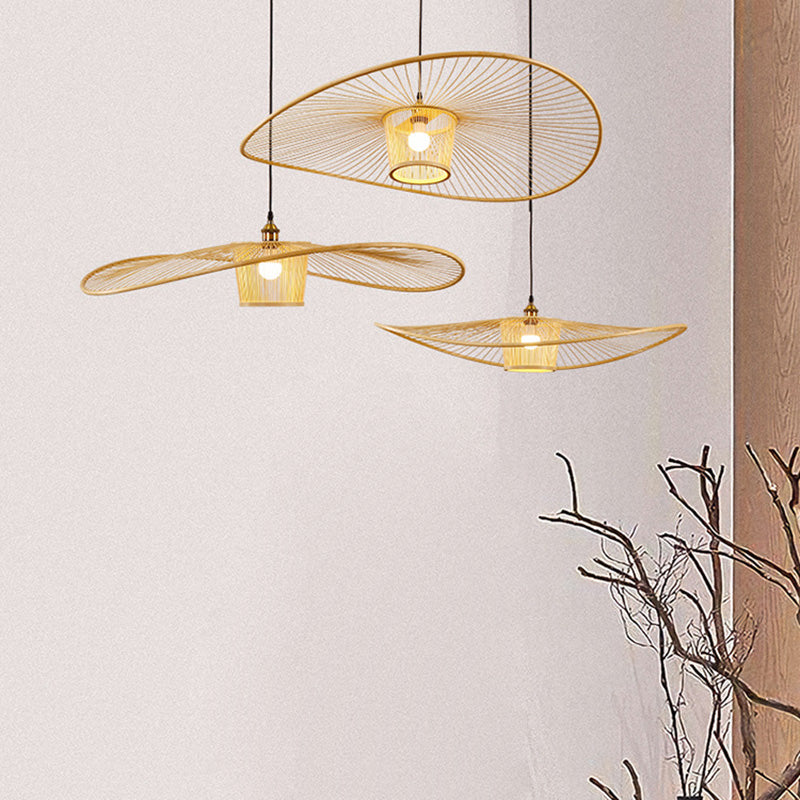 Suspension lumineuse à 1 ampoule en bambou et rotin, bandeau courbé cylindrique japonais traditionnel pour chambre à coucher 